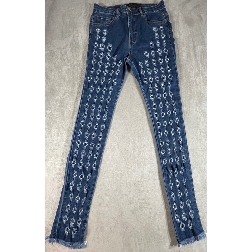 Purple Candy Hole Punch Skinny Jeans Womens L Blue Frayed Hem Ripped Denim